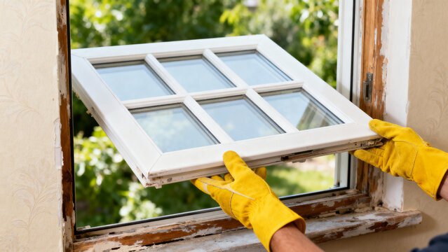 Skilled professional's gloved hands carefully installing a new white multi-pane window frame into an existing opening during a residential home renovation project