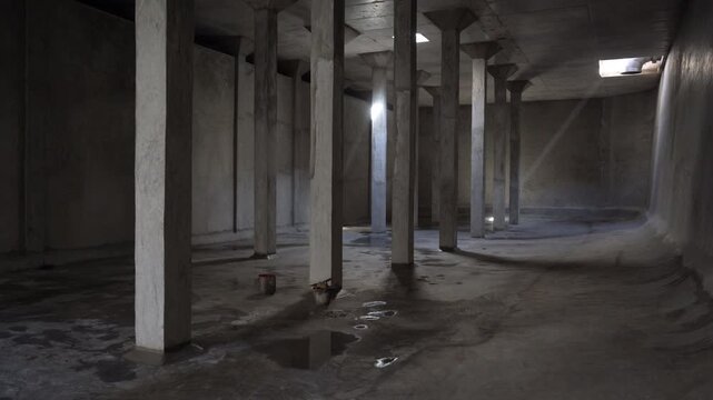 Cinematic tracking shot inside a massive, empty underground concrete water reservoir with heavy structural pillars. Essential B-roll for civil engineering, water management, and infrastructure project