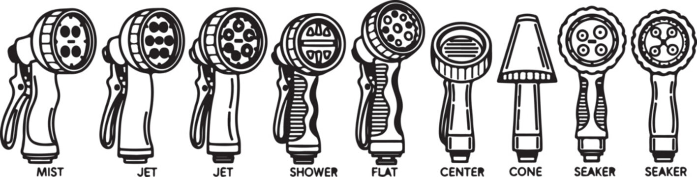 Different types of shower head spray patterns and water jets vector Vector