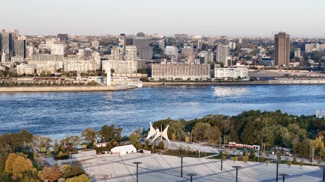 Montreal skyline with Biosphere dome and autumn park on Saint Helen Island, Quebec, Canada at sunset. g.