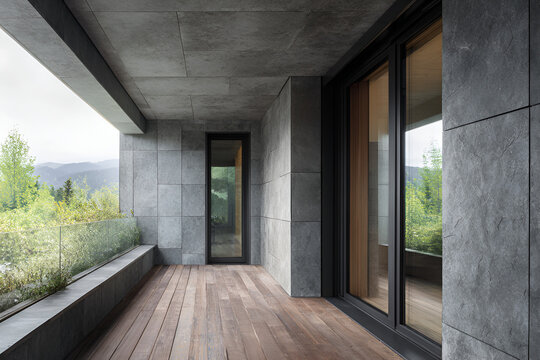 Modern architectural view showing an outdoor balcony and interior space. Features textured stone walls, glass railing, and wooden flooring