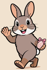 Fototapeta premium Cute Cartoon Easter Bunny Waving and Holding Decorated Egg