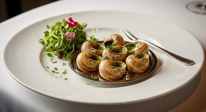 Premium Fine Dining Escargot Plating with Fresh Micro Greens Salad Side