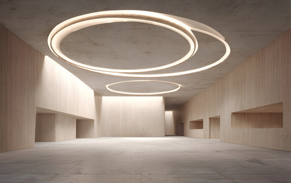 Modern architectural interior with wood panel walls and concrete floor. Features circular illuminated ceiling lights and natural light through openings