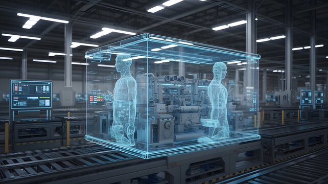 Industrial digital twin factory with synchronized virtual simulation and real time operational analytics representing smart manufacturing technology