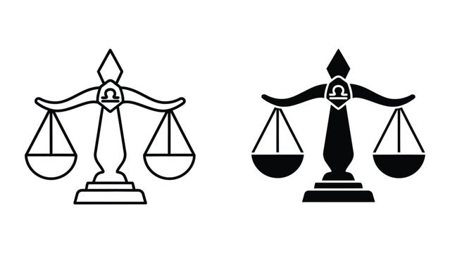 Balanced justice scales with libra symbol in black and white