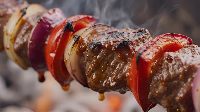 Delicious Meat and Vegetable Skewers Grilling on an Open Fire.