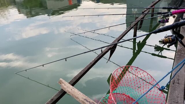 A view of a row of fishing rods in a freshwater pond with a fishing net and the beautiful reflection of clouds on the water's surface.