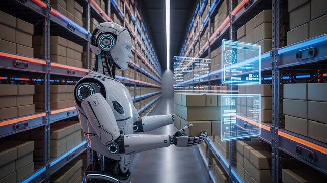 Humanoid robot managing warehouse inventory with artificial intelligence and automation technology representing future logistics and smart industry systems