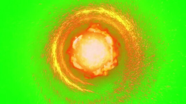 Vibrant orange and yellow swirling particles on green background dynamic motion effect abstract animation