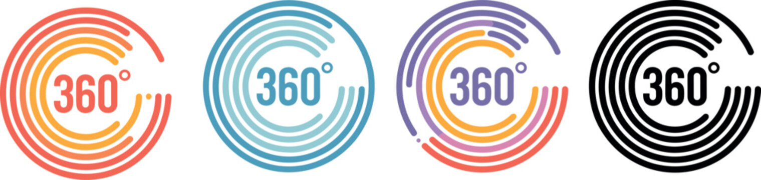 Set of four 360 degree rotation view icons with circular lines in colorful gradients and black minimalist style for virtual reality panorama or progress tracking website interface design