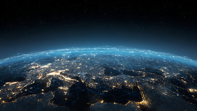 Illuminated digital globe view with interconnected network lines overlaying city lights and the atmosphere in a dark space