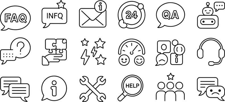 Customer service and support line icon set with faq ratings information chat bot help desk and technical assistance symbols for business website user interface design