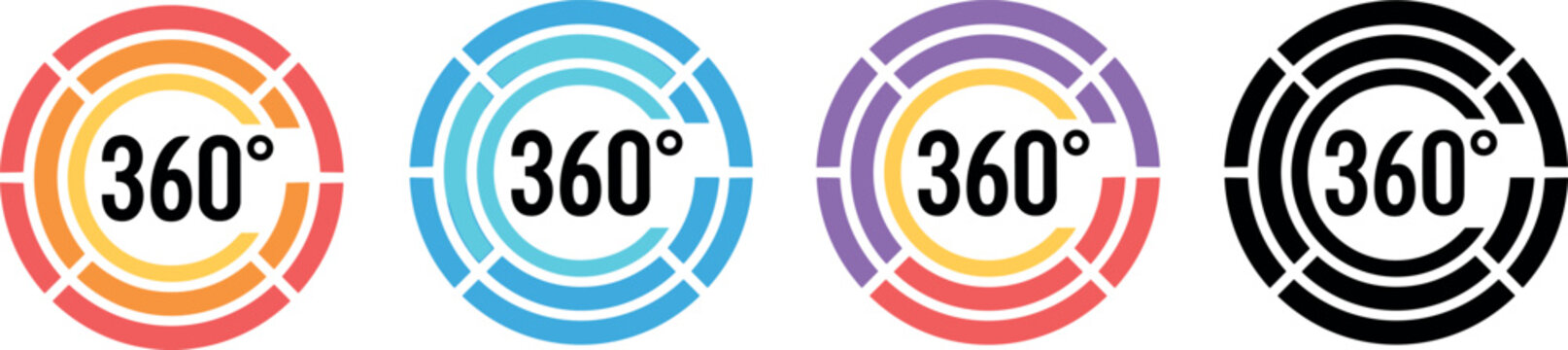 Set of four 360 degree rotation view icons with circular lines in colorful gradients and black minimalist style for virtual reality panorama or progress tracking website interface design