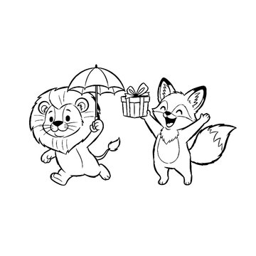 Happy lion holding an umbrella and joyful fox with a gift box