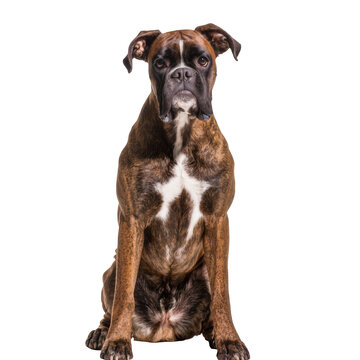 Isolated Boxer dog sitting attentively, looking directly at the camera, with a beautiful brindle coat