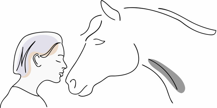 line drawing of woman and horse touching noses