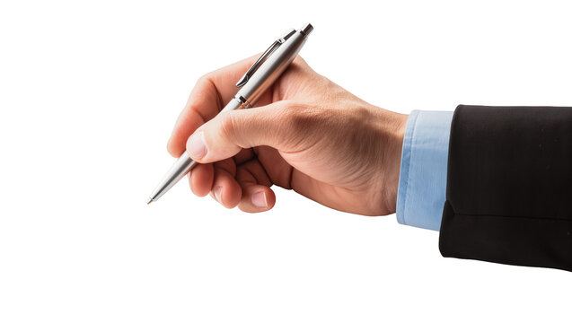 Isolated professional's hand holding a sleek silver pen, poised to write or sign documents