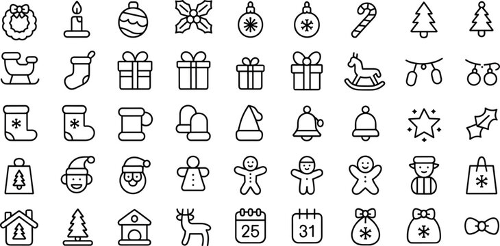 Large collection of Christmas and New Year thin line icons featuring Santa Claus gingerbread man ornaments gifts and winter decorations for festive holiday web interface design