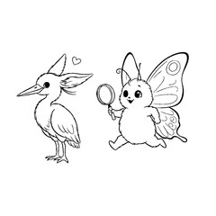 Naklejka premium Cute bird with long ears and butterfly creature with magnifier