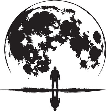 A black and white silhouette of A Tiny human standing before a giant moon vector with white background
