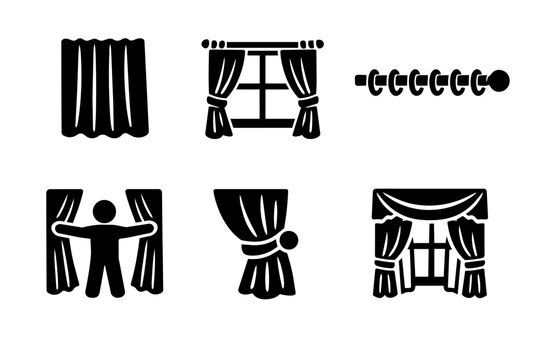 Curtain and window treatment set, displaying various styles, home decor elements, and a person opening drapes icons