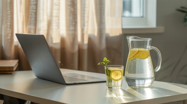 Workspace with laptop and iced lemonade pitcher &ndash; Great for healthy lifestyle blogging, creative agency banners, or seasonal business.
