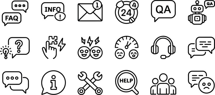 Customer support and help desk line icon set featuring FAQ chatbot information technical assistance service feedback and communication symbols for professional website user interface design