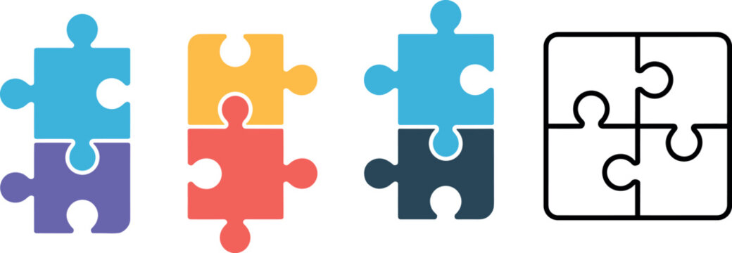 Puzzle pieces vector set featuring colorful connected jigsaw elements and line art icons for business teamwork integration strategy problem solving and corporate collaboration infographic design