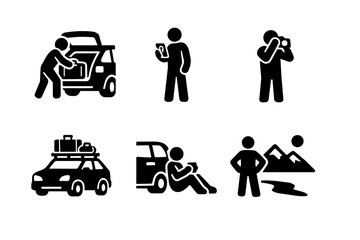 Naklejka premium People icons representing various journey stages: preparing, navigating, capturing moments, transporting gear, resting, and enjoying outdoor landscapes