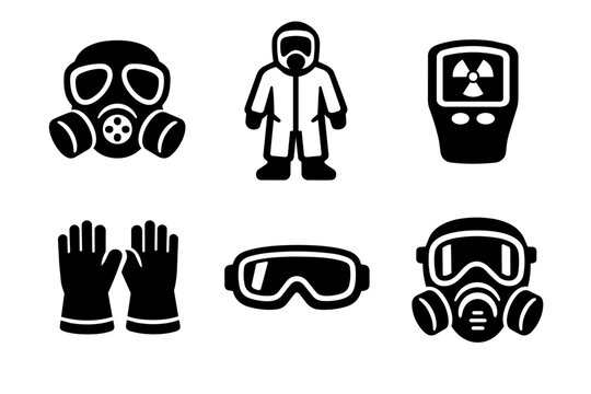 Personal protective equipment icons including hazmat suit, gas masks, gloves, safety goggles, and geiger counter