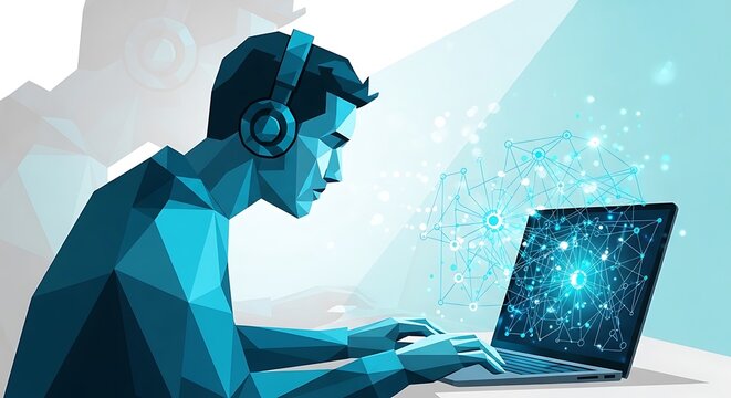 Man wearing headphones using laptop computer.