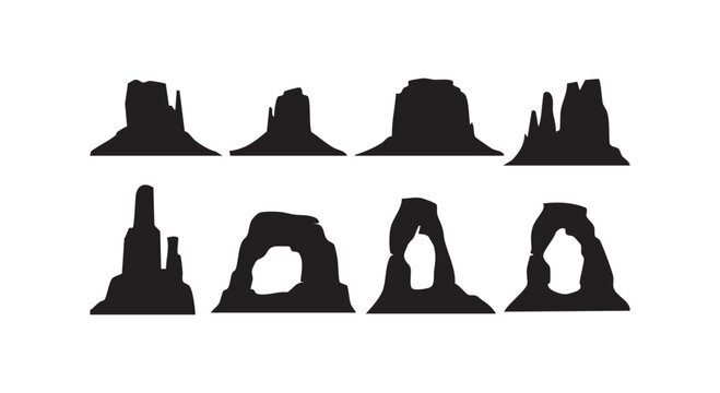 Desert landscape rock formations silhouette set featuring sandstone buttes and stone arches from monument valley region.