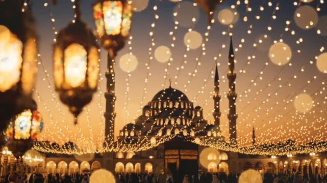 Beautiful istanbul mosque in turkey at sunset Eid al adha 2026, adorned with thousands of glowing lights and intricate lanterns, creating stunning islamic festive atmosphere.