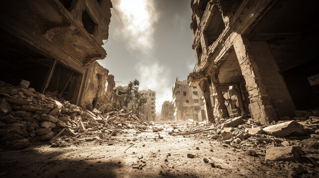 Abandoned street view of destroyed buildings in a war-torn environment  
