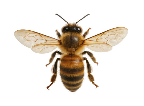 Isolated close-up studio shot of a common honey bee with wings spread, top view
