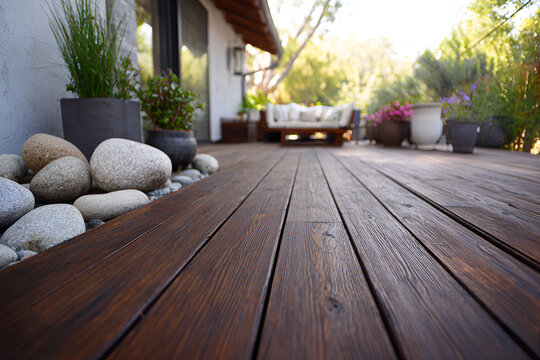 Close-up of a stained wooden deck extending toward a relaxing outdoor seating area with potted plants and garden foliage