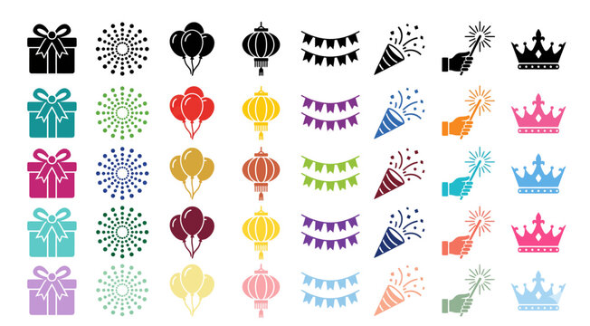 Celebration icons set with gifts balloons and fireworks on transparent background
