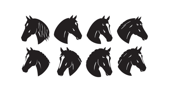 Equestrian horse head profile silhouette collection featuring different breeds with detailed manes and facial markings.