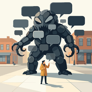 Tiny person overwhelmed by giant monster made of unread chat bubbles social anxiety vector concept