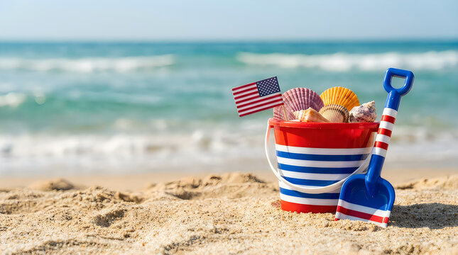 A red, white, and blue beach bucket and shovel sit on a sandy beach with the ocean in the background.