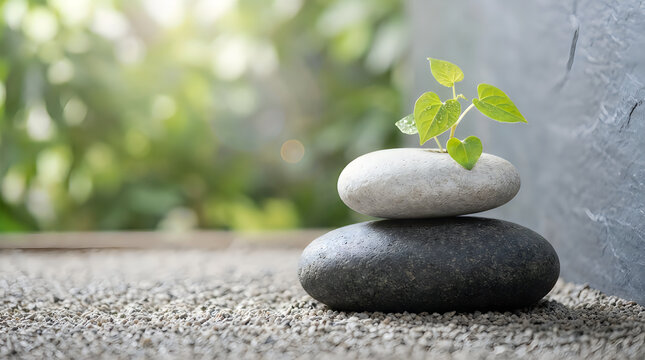 Serene zen garden with stacked stones and green sprout