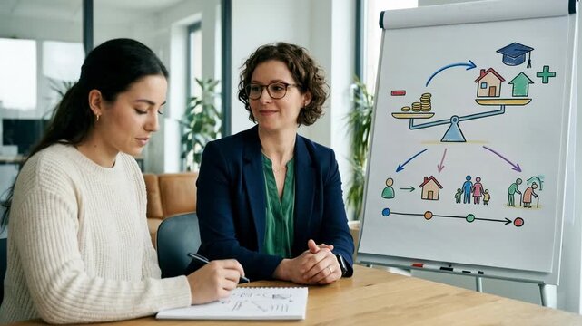 Medium shot focused on a planner using visual aids to break down costs and benefits of life insurance for a single individual planning their future.