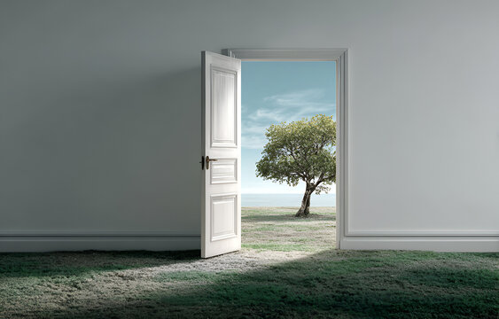 An open, white doorway set in a plain room reveals a tree against a backdrop of sky, land, and water