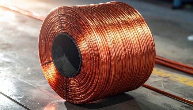 A tightly coiled bundle of shiny copper electrical wire gleams under direct illumination