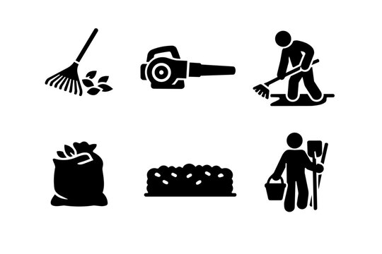 Yard work and gardening cleanup icons including raking leaves, using a leaf blower, and bagging debris