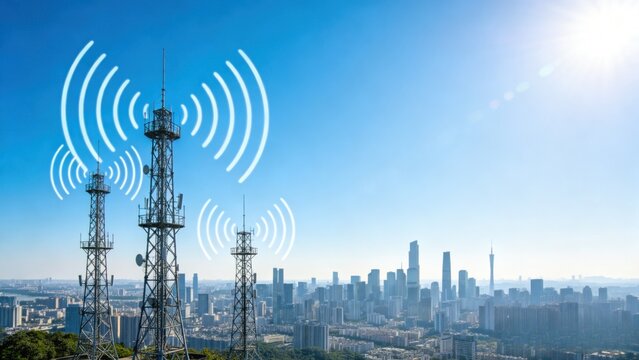 City panorama 5G towers signal waves