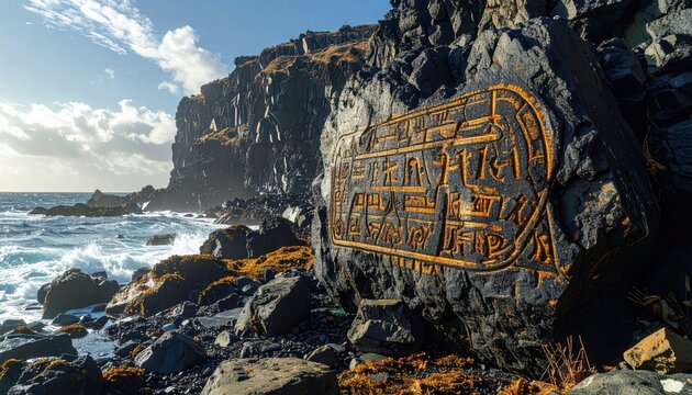 Ancient Phoenician inscription carved into dark basalt rock on a weathered coastal cliff.