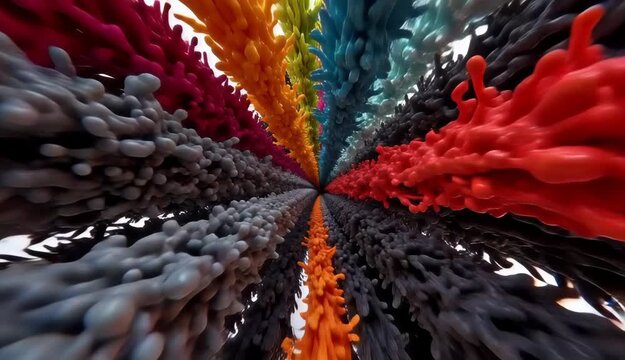 Abstract radial colorful paint tunnel with thick fluid splatter