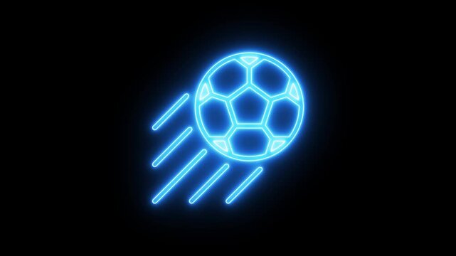 Dynamic glowing neon soccer ball soaring through darkness with electric speed lines - 4K digital animation video on black background.